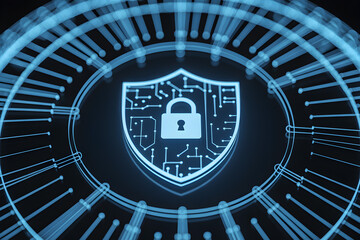 Digital shield with padlock represents cybersecurity and data protection in a futuristic design