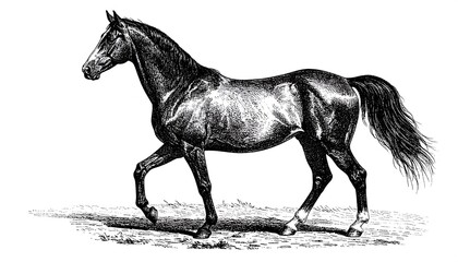 Side view of a horse in motion.  Vintage illustration