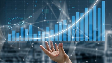 An abstract digital image featuring a hand reaching towards a growing bar graph, symbolizing financial success and data analysis in a technologically advanced setting. Copula
