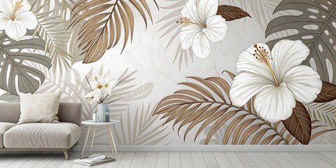 Interior scene with a sofa and a wall mural of tropical leaves and white hibiscus flowers room couch