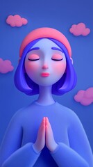3D illustration of a young woman making a wish with closed eyes and praying hands, calm and dreamy atmosphere