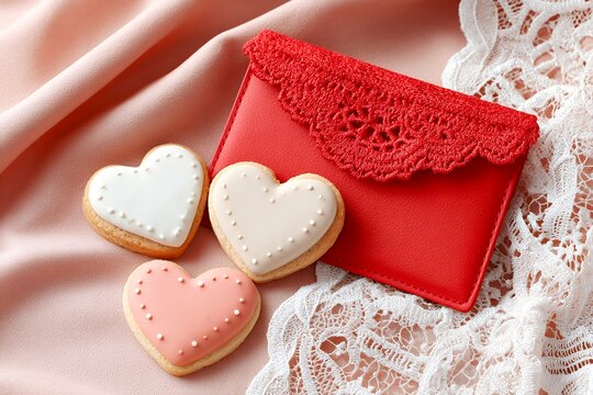 Heart-shaped Cookies With Red Envelope on a Soft Pink Background - Powered by Adobe