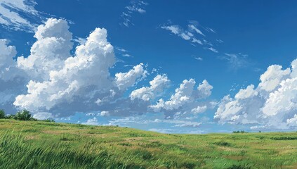 Obraz premium Wide shot of a grassy field under a vibrant blue sky filled with fluffy white clouds (1)