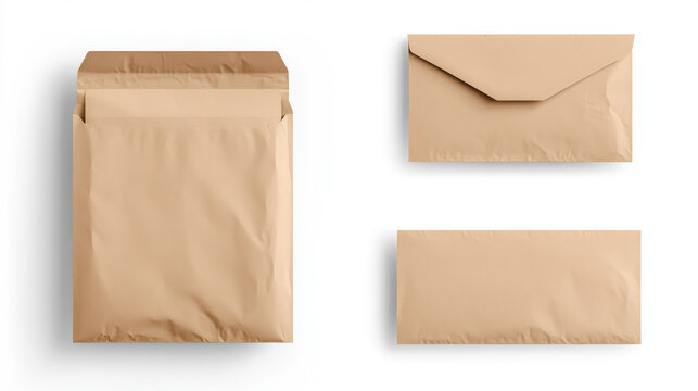 Brown envelope paper card stationery set blank isolated high fidelity branding identity business correspondence office minimal style clean mockup realistic top view flat lay document mail