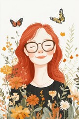 Young woman with red hair, surrounded by colorful flowers and leaves showcasing a vibrant illustration style that captures nature's beauty and personal expression. 