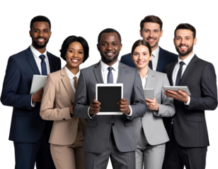 Confident Business Team Holding Tablets on Transparent Background.
