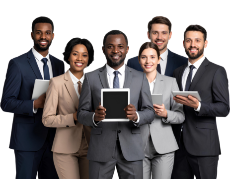 Confident Business Team Holding Tablets on Transparent Background. - Powered by Adobe