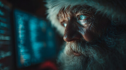 Close-up shot of employe computer screen with Santa Claus typing complex password on keyboard. Futuristic background with artificial intelligence. Banner. Generative Ai content