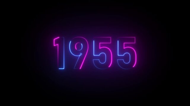 Neon sign displaying the year 1955 in pink and blue glowing light on a black background number