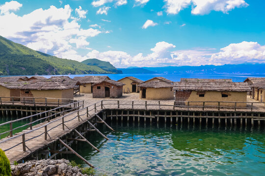 Museum on water, Bay of Bones, prehistoric pile-dwelling, recreation of a bronze age settlement on Lake Ohrid, North Macedonia
