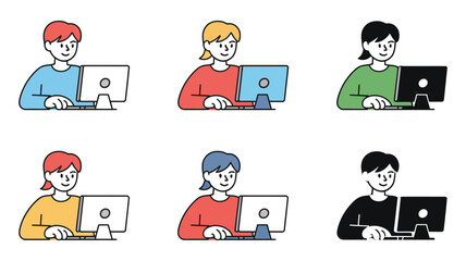Fototapeta premium Vector Illustration of people working on computers with different hair and shirt colors, symbolizing diversity and inclusion