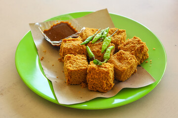 Appetizing Crispy Tofu Served on Green Plate Traditional Cuisine Food