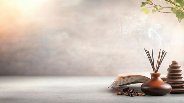 Calm incense sticks, open book, and stacked stones on light surface with soft sunlight and green leaves, creating peaceful and relaxing meditation atmosphere