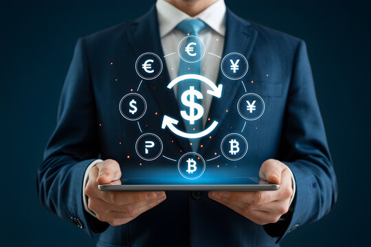 Businessman presents currency exchange rates on a tablet for global finance and investment strategy