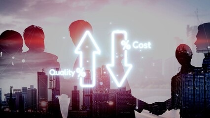 Business concept showing cost reduction and quality increase using Lean, Six Sigma, and Total...