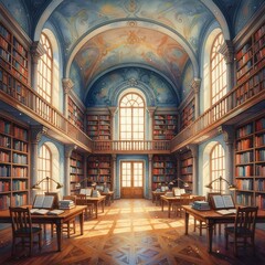 Ornate Historic Library Bathed in Warm Sunlight, Watercolor Style.