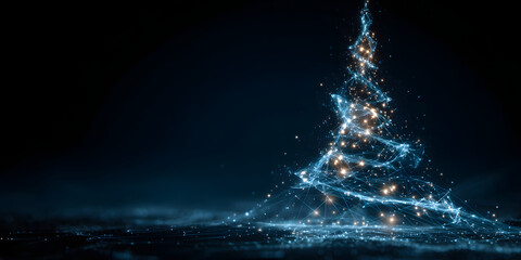 Abstract technological christmas tree shining with light connections on blue background