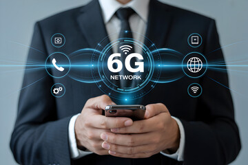 Businessman uses smartphone displaying 6G network technology for enhanced connectivity and communication