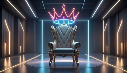 Futuristic throne room with glowing crown