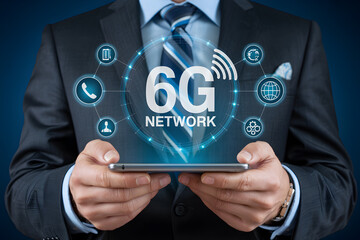 Businessman displays 6G network technology on a smartphone showcasing future communication advancements