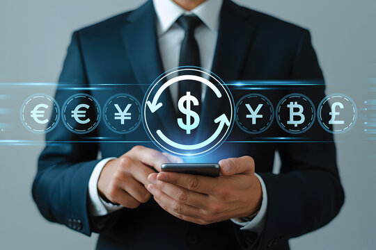 Businessman using mobile app for currency exchange dollar euro yen bitcoin pound financial technology