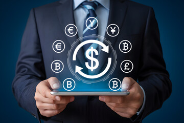 Businessman displays currency exchange rates on tablet for global finance and investment decisions