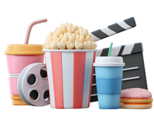 PNG 3d icon set of cinema and movie elements, including a popcorn bucket, film reel, clapperboard, and soda cup, isolated on a transparent