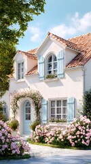 creamy french country house, pitched terracotta tile roof, arched windows, pale blue shutters, lush front yard with blooming roses, romantic cottagecore