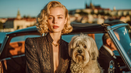 A stylish woman with a small dog poses beside a classic convertible car during sunset, evoking beauty and sophistication. The urban background and golden lighting add charm and timeless elegance.