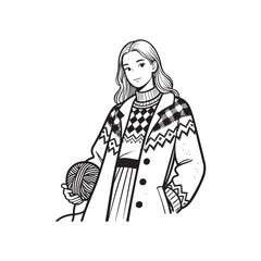  Person in Patterned Winter Sweater Holding Yarn Ball Silhouette Illustration.