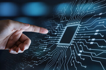 Finger interacts with glowing circuit board representing advanced technology and digital connectivity