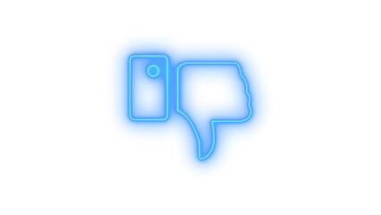 Neon blue glowing thumbs down dislike icon, a digital symbol of negative feedback or disapproval, prominently featured as a vibrant graphic element isolated on transparent background.