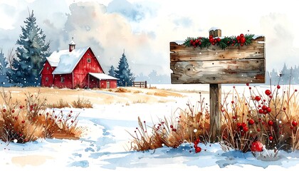 Watercolor winter landscape with barn