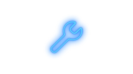 Bright blue neon outline wrench tool icon in a vibrant glow representing settings, service, repair, and maintenance concepts, isolated on transparent background