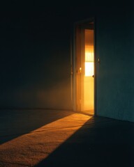 Bright Light Escaping Through Open Doorway in Dark Room Scene