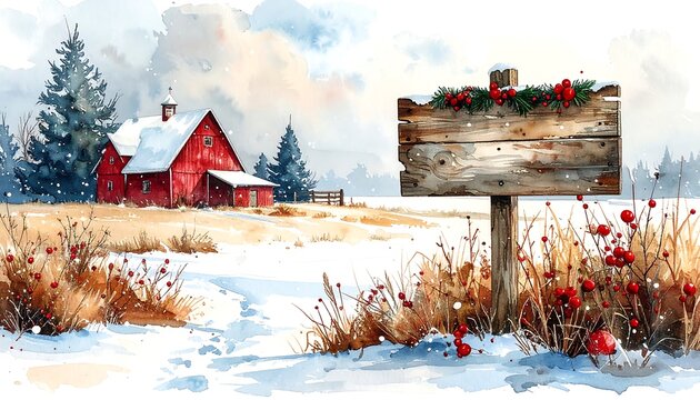 Watercolor winter landscape with barn