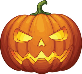Scary Halloween pumpkin jack o lantern illustration with glowing carved face, spooky expression, sharp teeth design for holiday decoration, party, poster, invitation, celebration vector