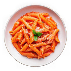  Penne alla Vodka pasta in a pink tomato cream sauce isolated on white background