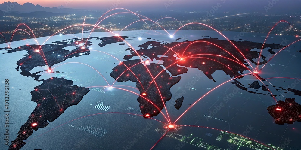 Wall mural abstract digital world map with connection lines on dark best colorful background.