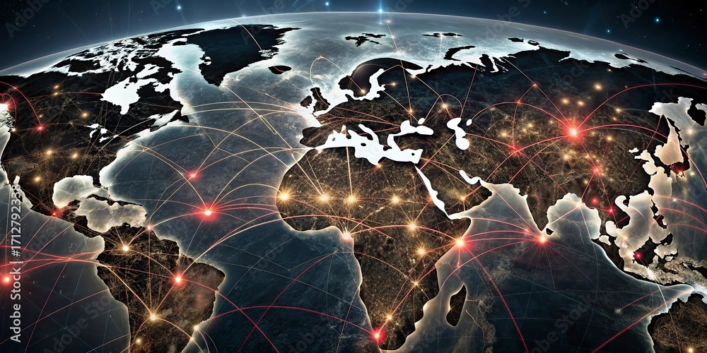 Wall mural abstract digital world map with connection lines on dark best colorful background.