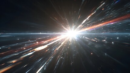 Obraz premium A dynamic and intense cosmic event featuring a brilliant light source emitting energetic streaks and particles through a dark void evoking warp speed or dimensional travel