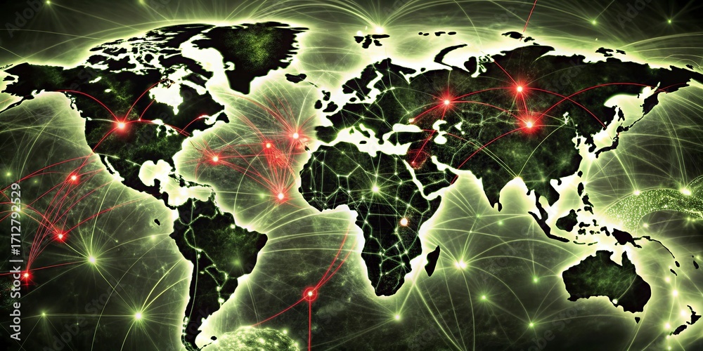 Wall mural abstract digital world map with connection lines on dark best colorful background.
