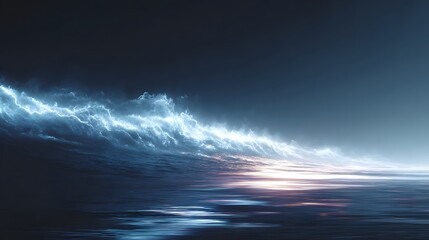 Fototapeta premium Vibrant blue lightning flashes along the crest of a massive dark storm wave casting electric light across the turbulent ocean surface