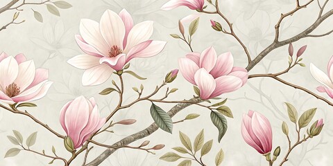 Pink Magnolia Flowers and Buds on Twiggy Branches with a Subtle Patterned Background blossom bloom