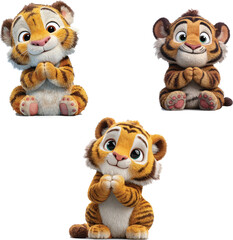 3d cartoon of a happy, cute tiger sitting down with its hands folded in front of its chest, as if praying, on a white background. the tiger has adorable eyes 
