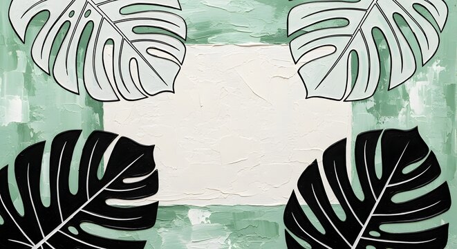 Monstera leaves frame a textured white space on green background - Powered by Adobe
