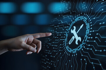 Hand interacts with digital maintenance icon on a futuristic interface for technical support services