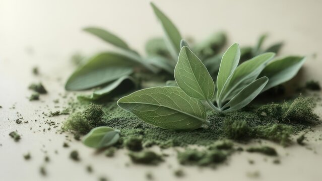 Fresh sage leaves and powder
