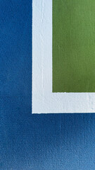 Painted sports court corner with bold blue field, crisp white line and green in-bounds area, textured asphalt geometry for modern background layouts