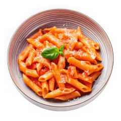  Penne alla Vodka pasta in a pink tomato cream sauce isolated on white background